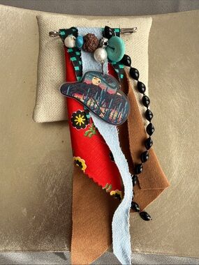 Handcrafted Multicolor Fabric & Bead Brooch - Turquoise Accent Cowboy Hat Denim